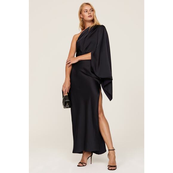 Significant Other Kelsie Midnight Blue One Shoulder Draped Sleeve Maxi Gown Sz 8 - Picture 1 of 14